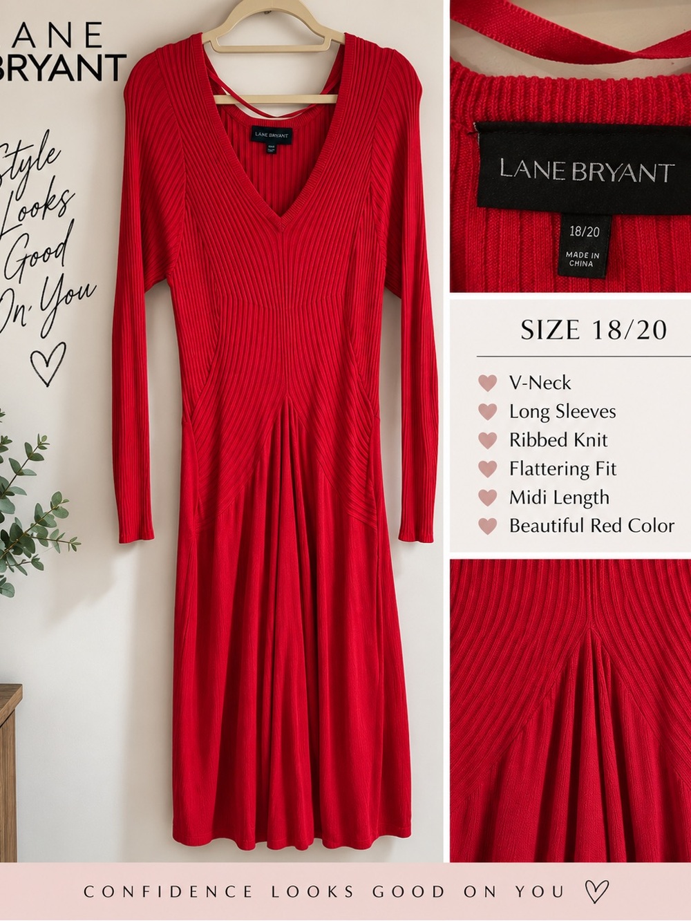 Lane Bryant 18/20 Red Ribbed V Neck Long Sleeve Midi Dress